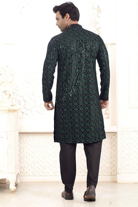 Bottle Green Cotton Sequins Embroidered Kurta Pajama Set