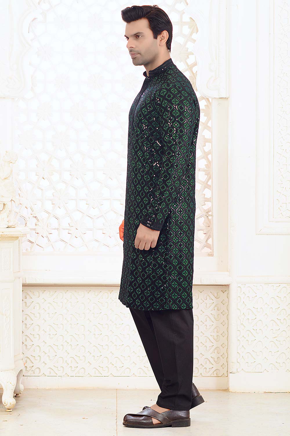 Bottle Green Cotton Sequins Embroidered Kurta Pajama Set