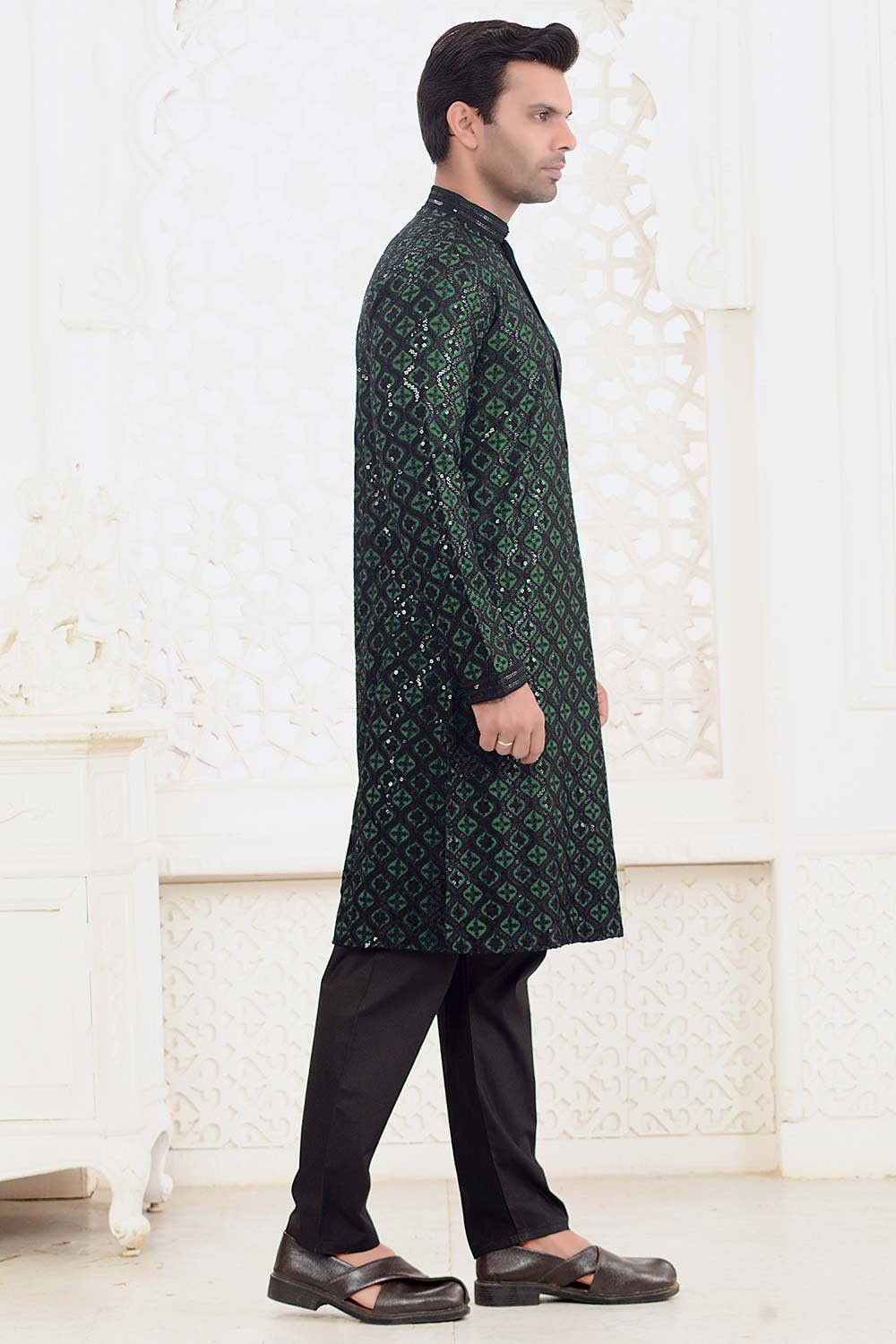 Bottle Green Cotton Sequins Embroidered Kurta Pajama Set