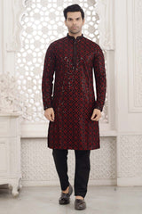 Red Cotton Sequins Embroidered Kurta Pajama Set