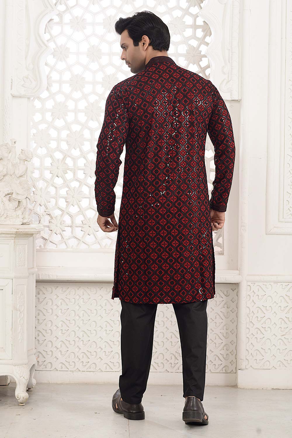 Red Cotton Sequins Embroidered Kurta Pajama Set