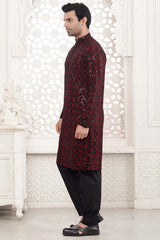 Red Cotton Sequins Embroidered Kurta Pajama Set