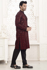 Red Cotton Sequins Embroidered Kurta Pajama Set