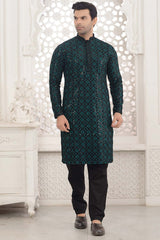 Peacock Blue Cotton Sequins Embroidered Kurta Pajama Set