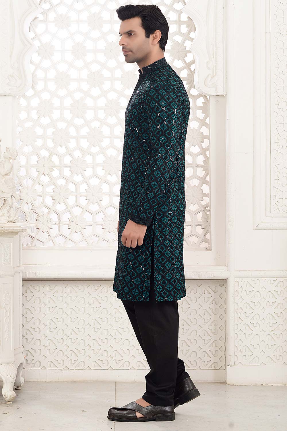 Peacock Blue Cotton Sequins Embroidered Kurta Pajama Set