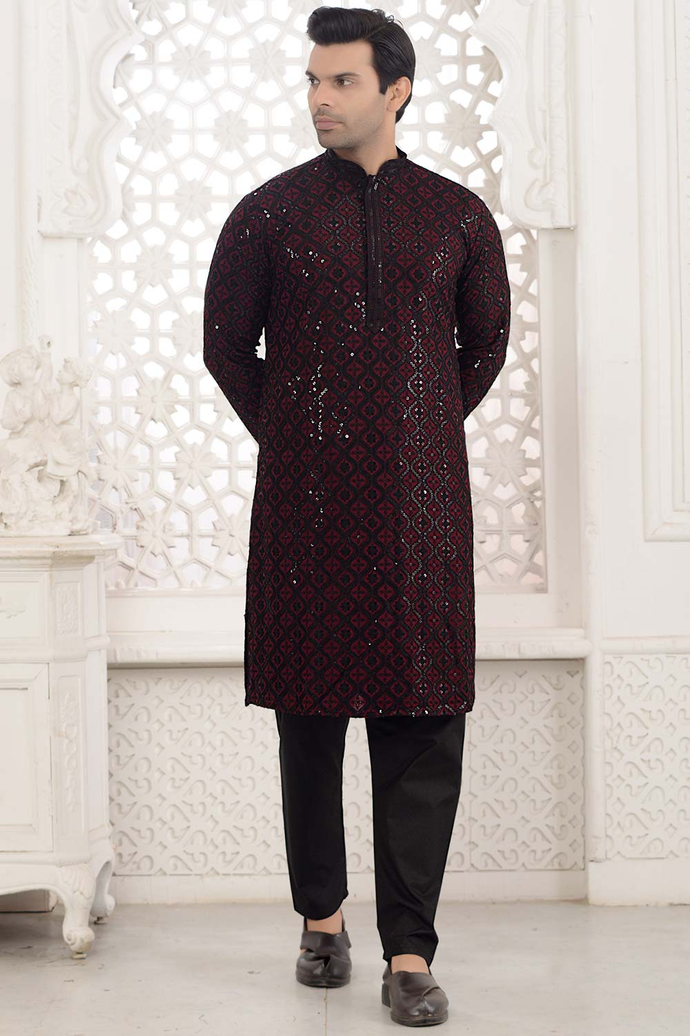 Wine Cotton Sequins Embroidered Kurta Pajama Set