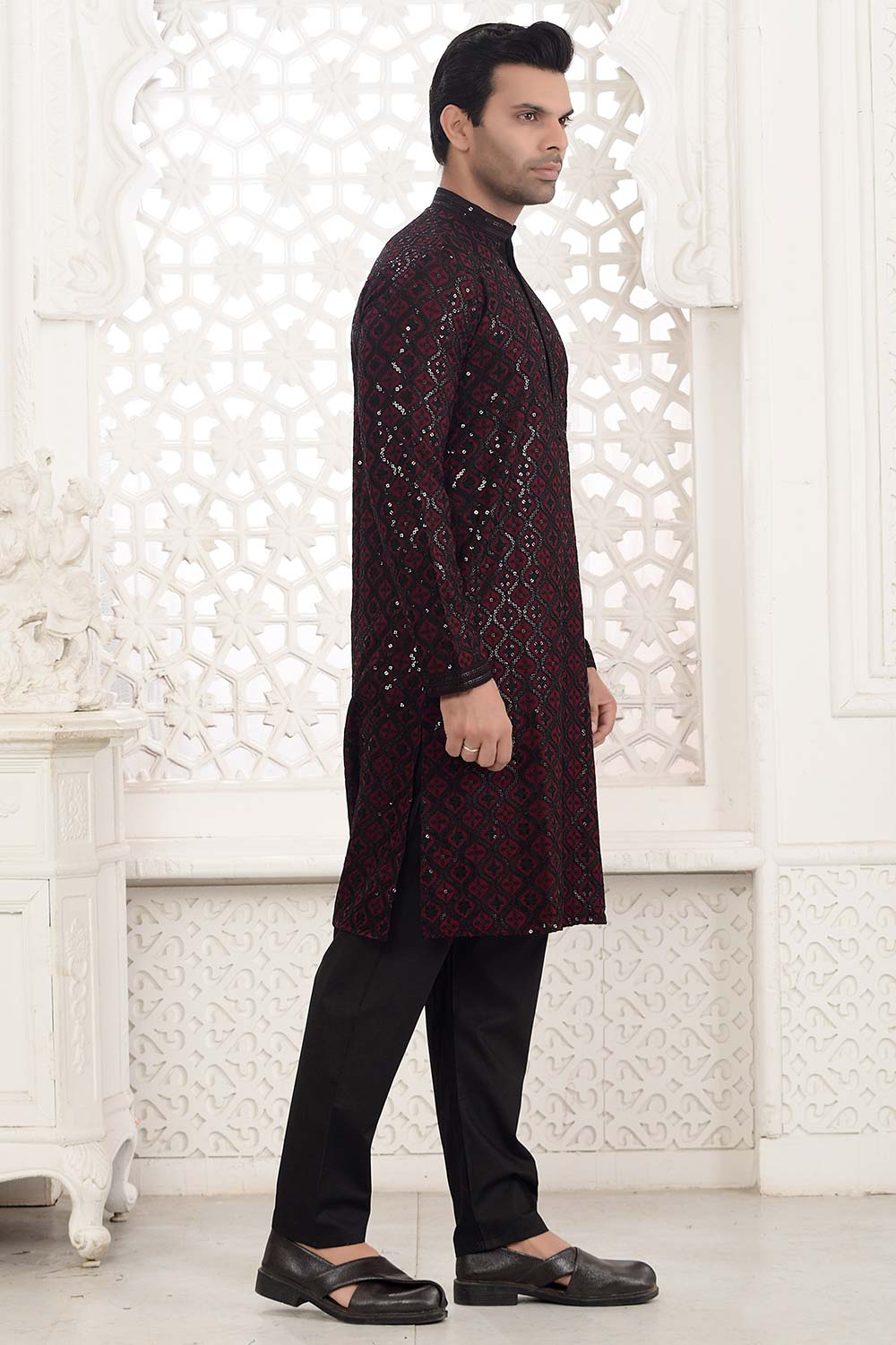 Wine Cotton Sequins Embroidered Kurta Pajama Set