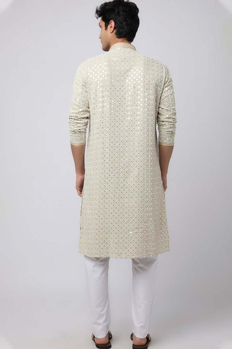 Light Brown Cotton Mirror Sequins Embroidered Kurta Pajama Set