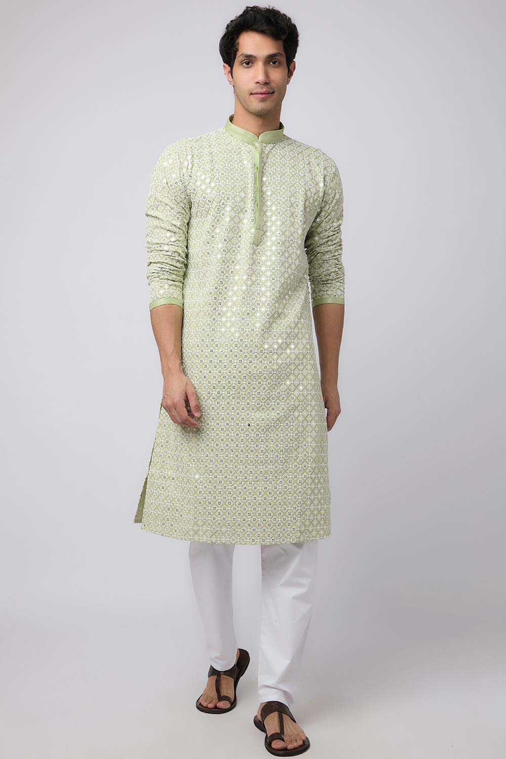 Pista Green Cotton Mirror Sequins Embroidered Kurta Pajama Set