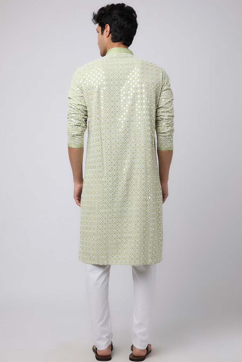 Pista Green Cotton Mirror Sequins Embroidered Kurta Pajama Set