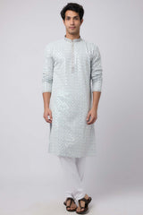 Snow Blue Cotton Mirror Sequins Embroidered Kurta Pajama Set