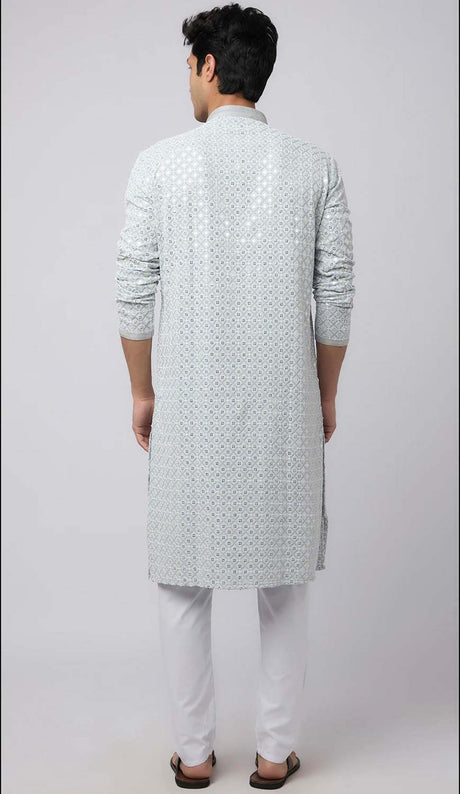 Snow Blue Cotton Mirror Sequins Embroidered Kurta Pajama Set