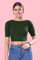 Bottle Green Jacquard Stretchable Elbow Sleeves Blouse