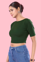 Bottle Green Jacquard Stretchable Elbow Sleeves Blouse