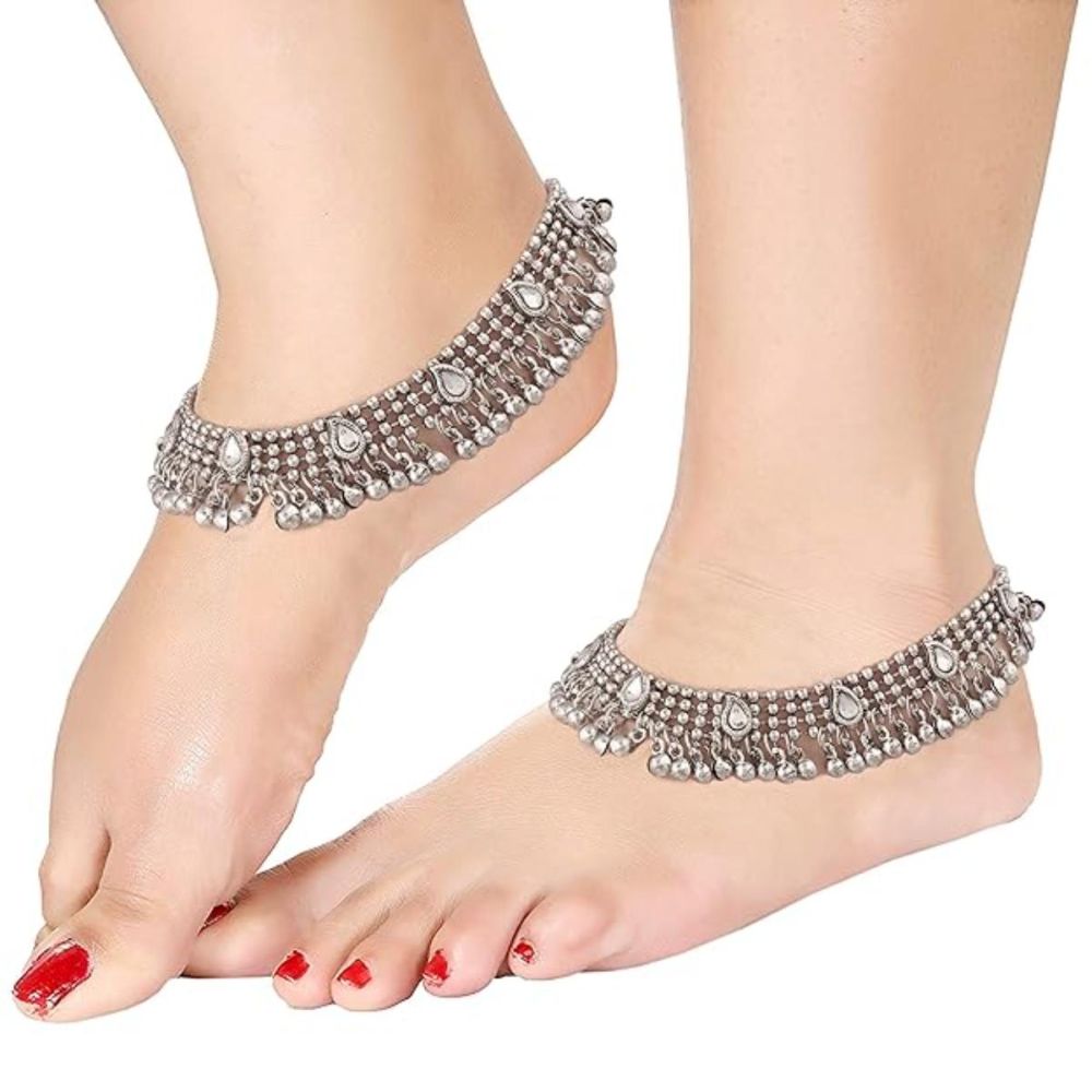 Ethnic Traditional Oxidised Silver Kundan Anklet For Girls And Womens