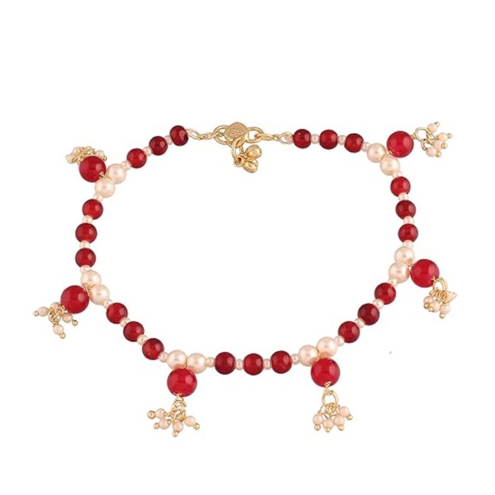 Adjustable Pearl And Maroon Beads Single Anklet Payal Bracelet For Womens