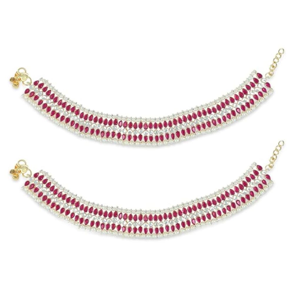 Traditional Alloy Gold Plated Kundan Pearl Payal Anklet For Womens