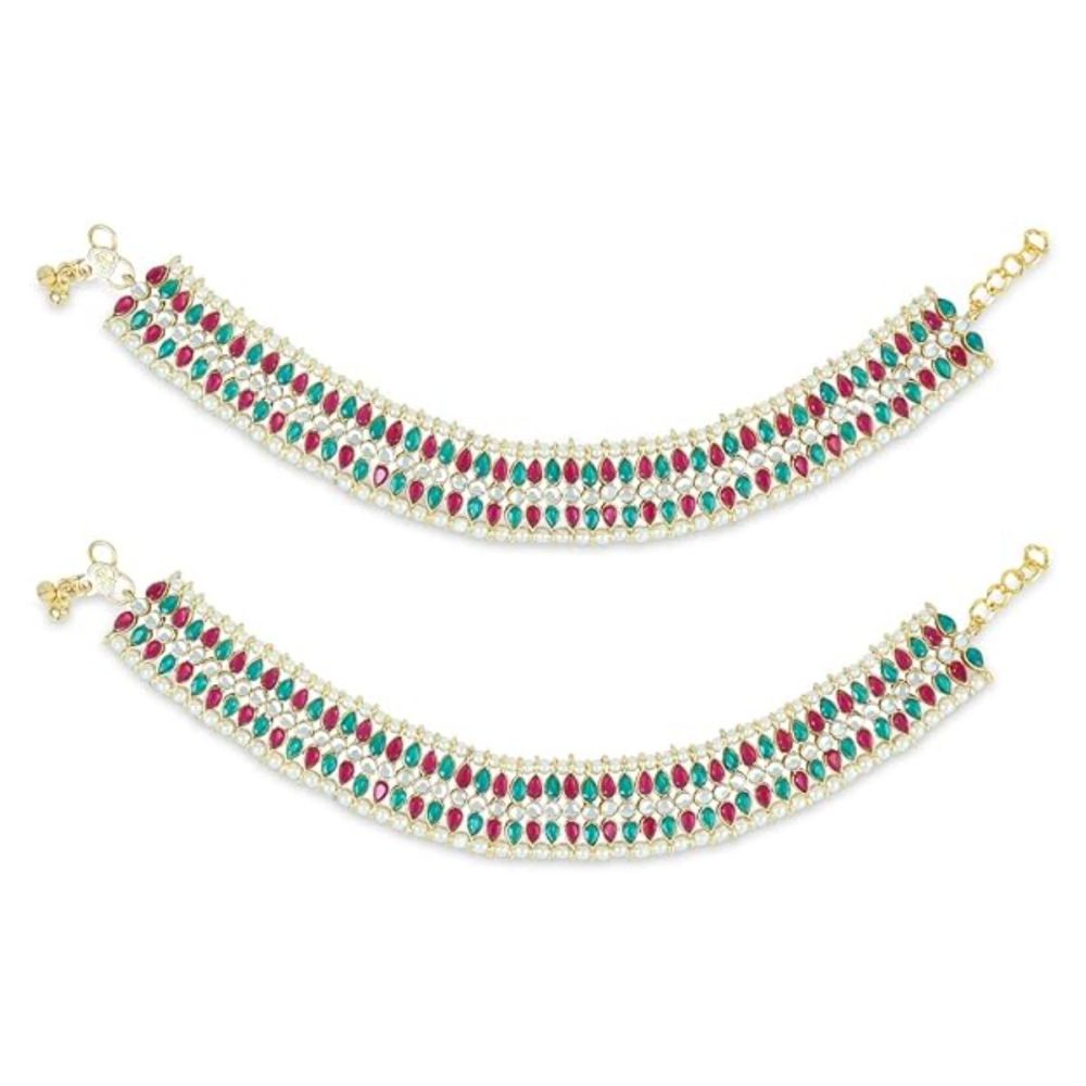 Traditional Alloy Gold Plated Kundan Pearl Payal Anklet For Womens