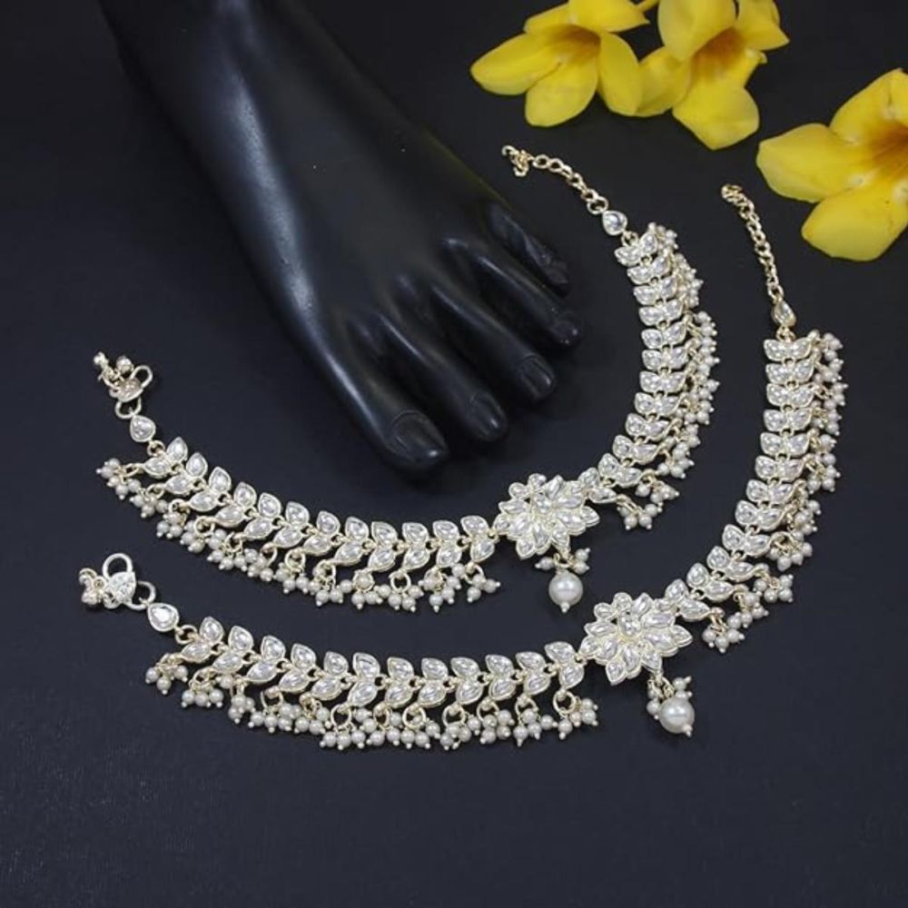 Traditional Gold Plated Adjustable Kundan Pearl Payal Anklets Jewellery For Womens And Girls