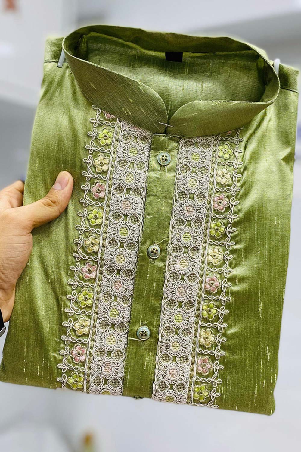 Green Embroidered Silk Kurta Pajama Set