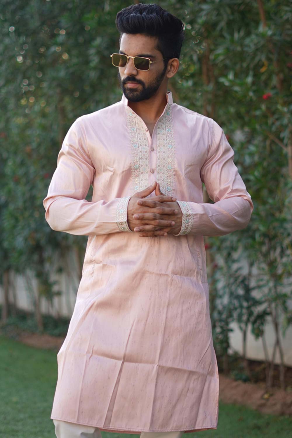 Pink Embroidered Silk Kurta Pajama Set