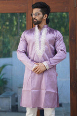 Violet Embroidered Silk Kurta Pajama Set