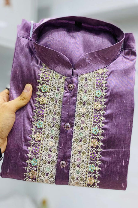 Violet Embroidered Silk Kurta Pajama Set