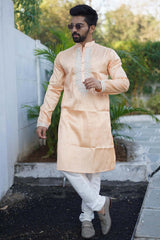 Orange Embroidered Silk Kurta Pajama Set