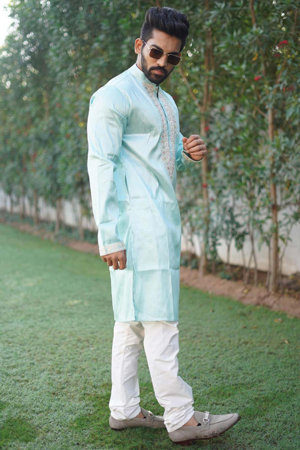 Blue Embroidered Silk Kurta Pajama Set