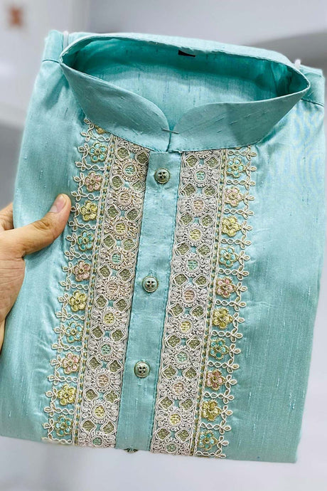 Blue Embroidered Silk Kurta Pajama Set