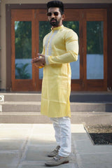 Yellow Embroidered Silk Kurta Pajama Set