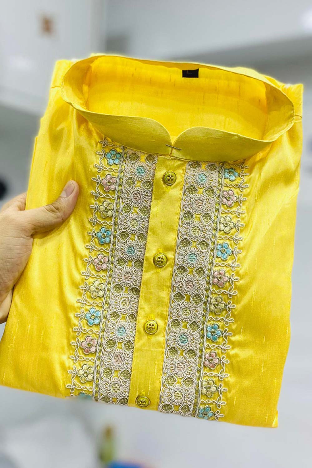 Yellow Embroidered Silk Kurta Pajama Set