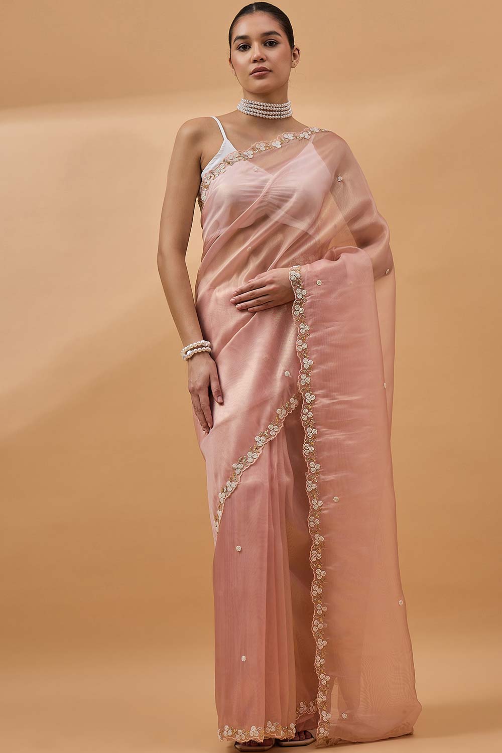 Peach Tissue Woven Saree