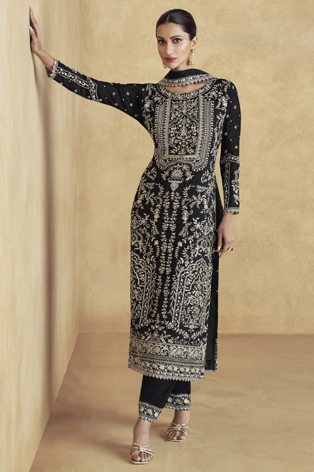 Black Chinon Silk Embroidered Palazzo Suit