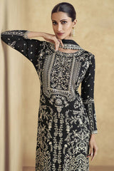 Black Chinon Silk Embroidered Palazzo Suit