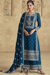 Royal Blue Chinon Silk Embroidered Palazzo Suit