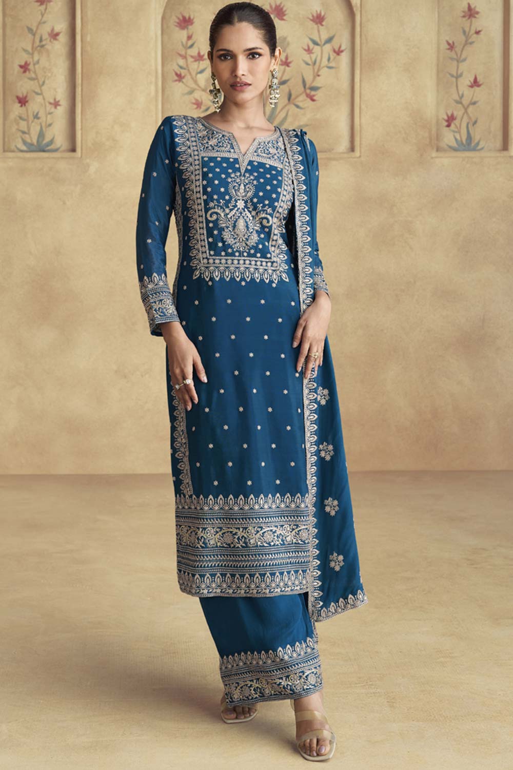 Royal Blue Chinon Silk Embroidered Palazzo Suit