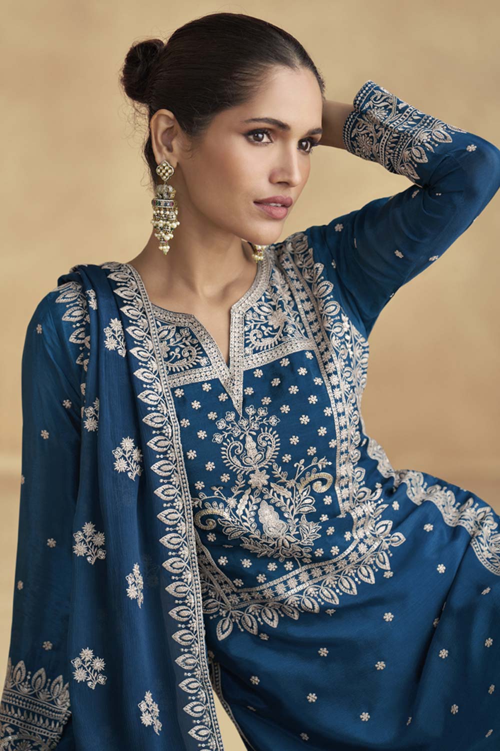 Royal Blue Chinon Silk Embroidered Palazzo Suit