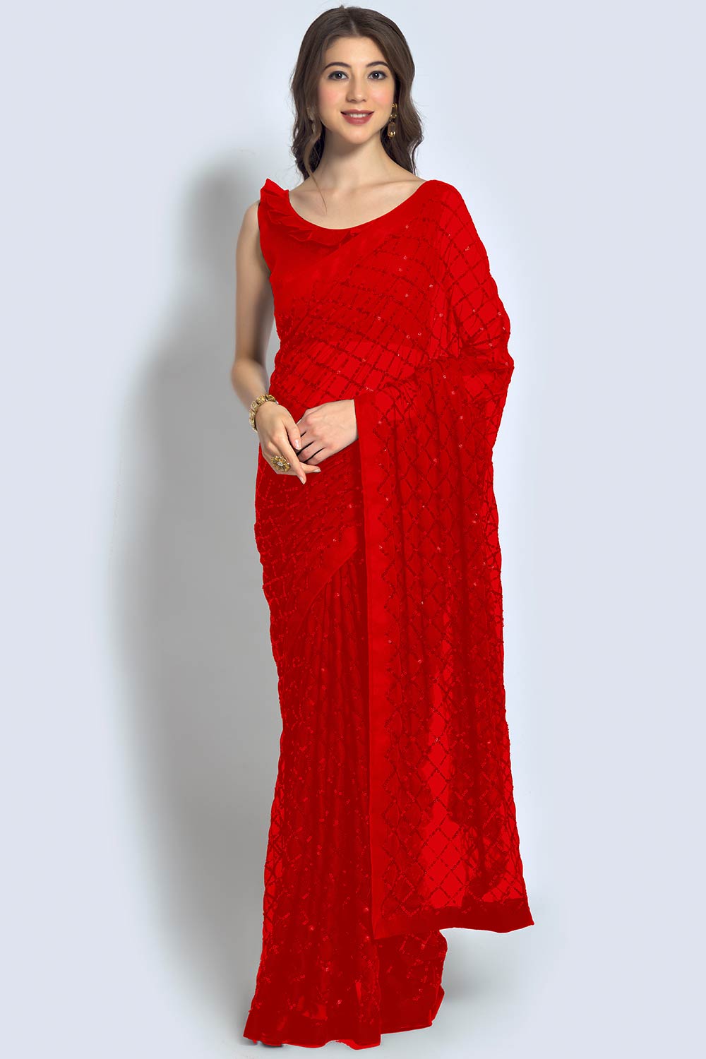 Huda Red Georgette Sequin Ready To Wear Saree