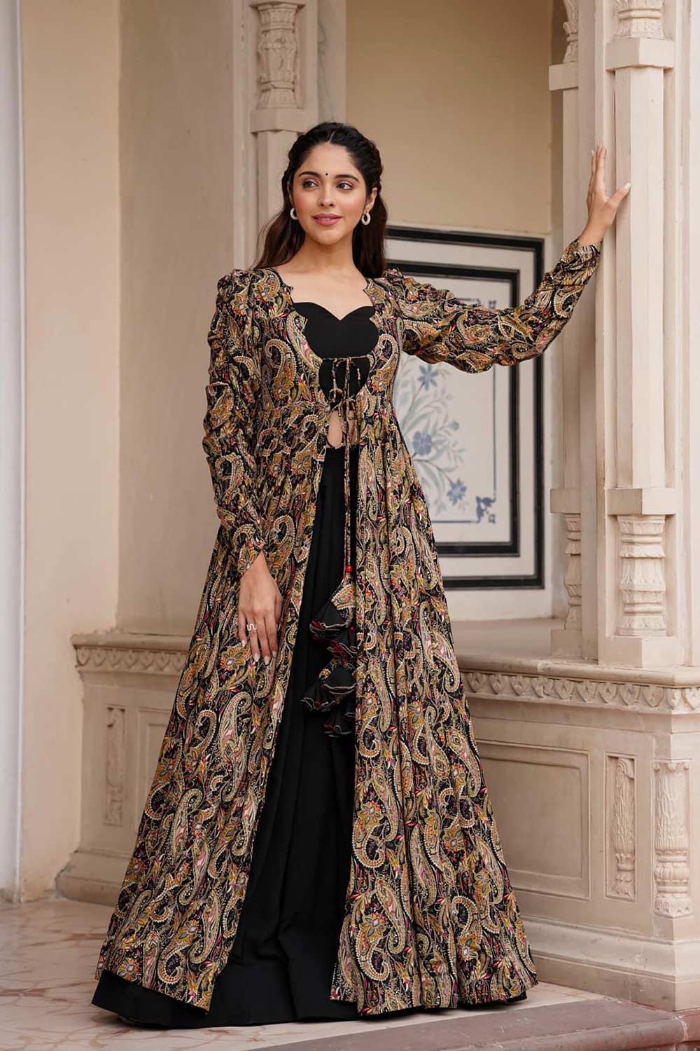 Black Faux Georgette Digital Printed Shrug Set