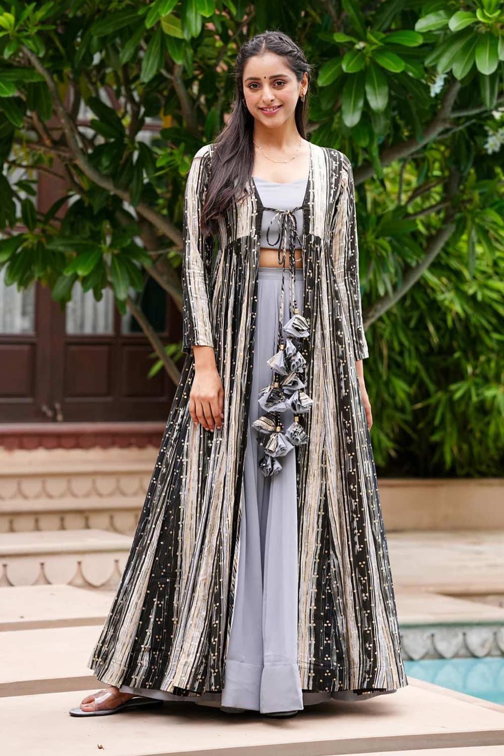 Grey Faux Georgette Digital Printed Shrug Set