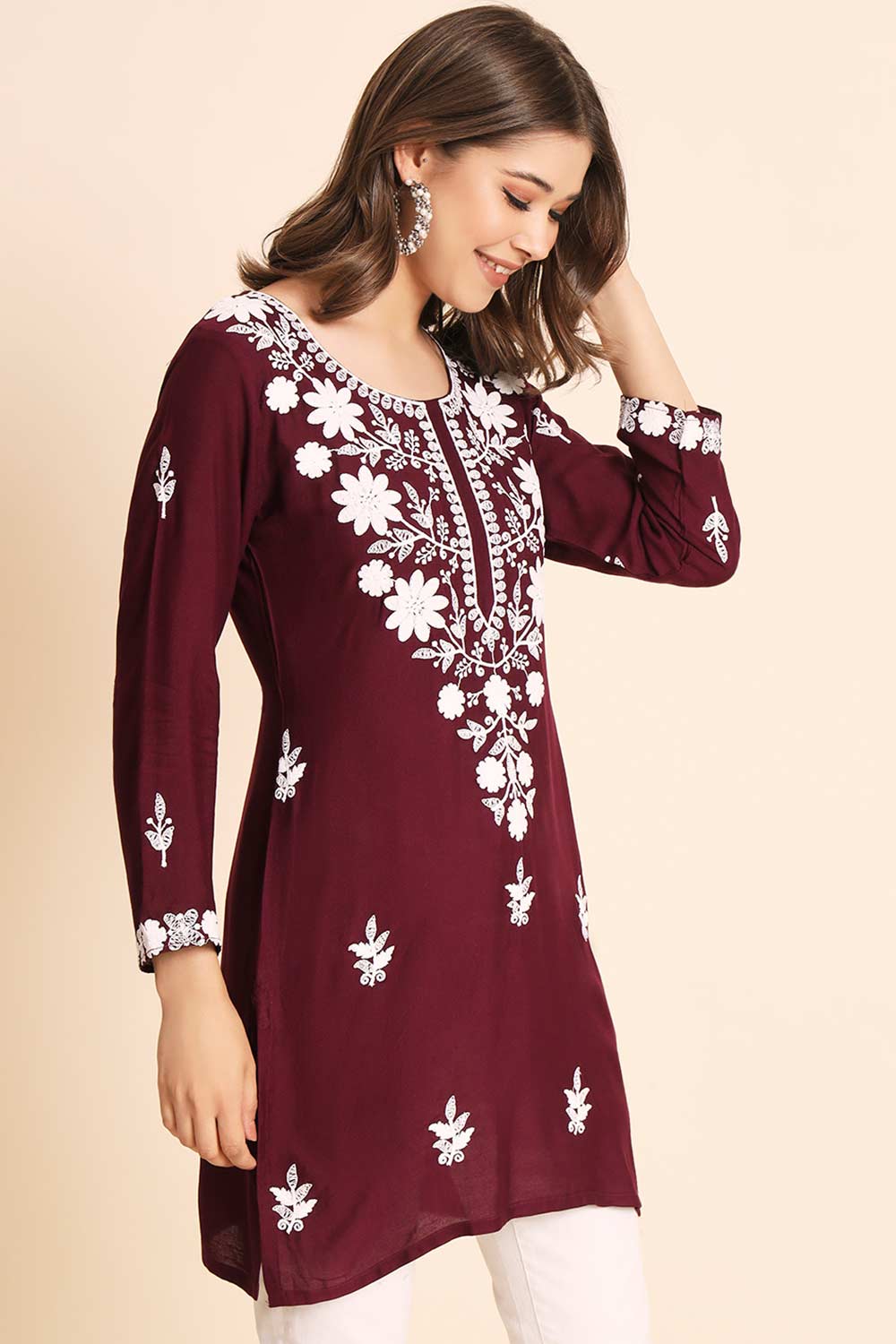 Maroon Rayon Chikankari Embroiderd Work Kurti