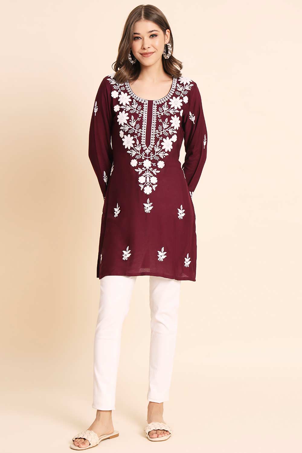 Maroon Rayon Chikankari Embroiderd Work Kurti