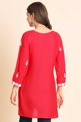 Pink Rayon Chikankari Embroiderd Work Kurti