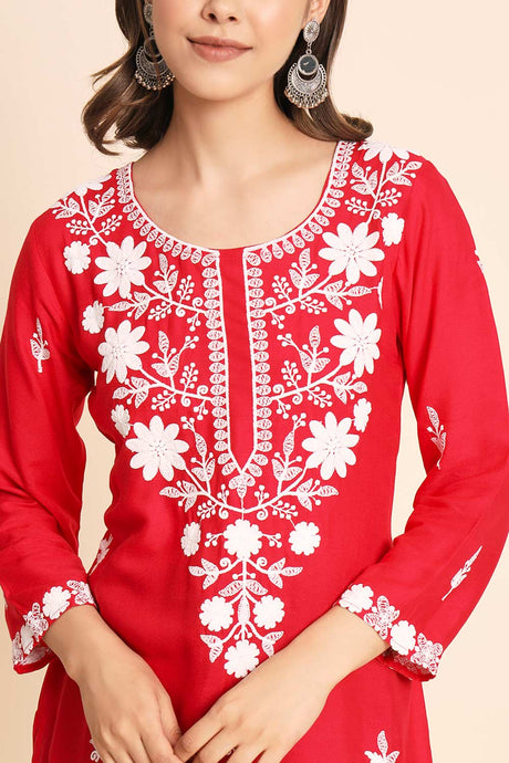 Pink Rayon Chikankari Embroiderd Work Kurti