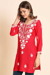 Pink Rayon Chikankari Embroiderd Work Kurti