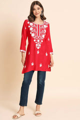 Pink Rayon Chikankari Embroiderd Work Kurti