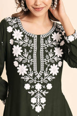 Green Rayon Chikankari Embroiderd Work Kurti