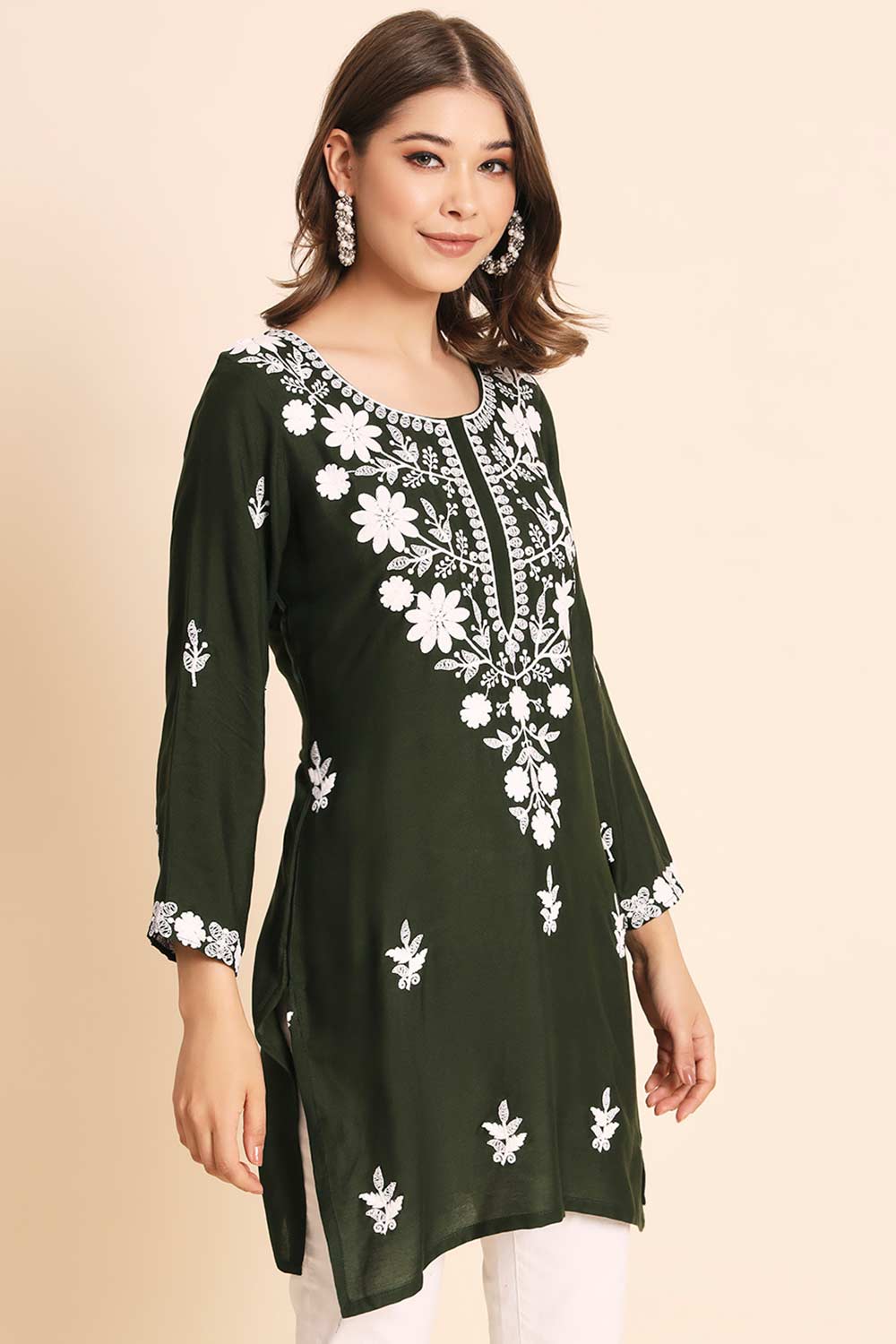 Green Rayon Chikankari Embroiderd Work Kurti