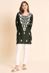 Green Rayon Chikankari Embroiderd Work Kurti